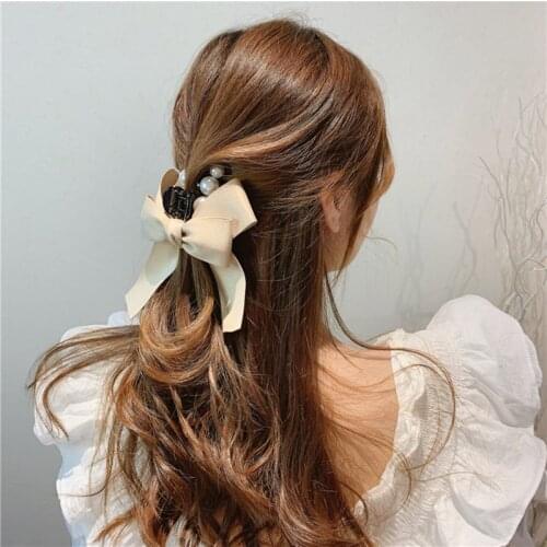 Korean Bow Imitation Pearl Hair Accessories Ribbon Back Hair Banana Clip Claw Women Girls Hair Barrettes крабик для волос
