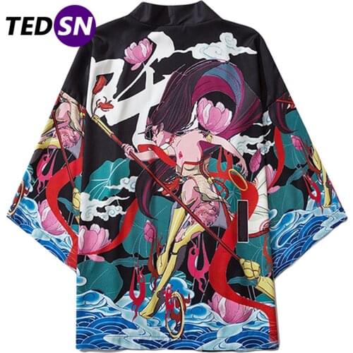 2020 Harajuku Japanese Kimono Jacket Summer Sea Wave Warriors Print Loose Japan Streetwear Front Open Coats Kimono