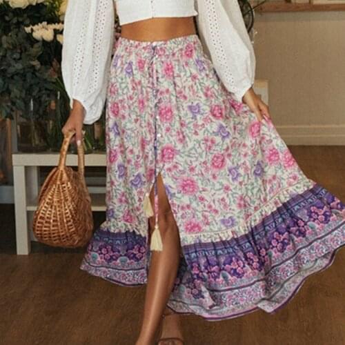 Ardm Boho Floral Print Woman Skirts Lace Up Waist Elastic With Button Split Vintage Positioning Flower Long Skirt Spring Summer