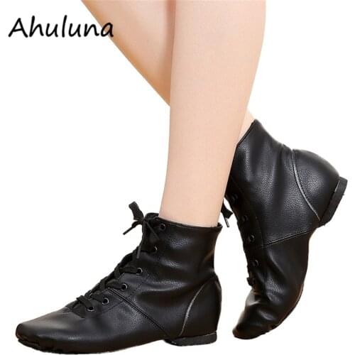 Jazz Shoes For Women Ladies Dance Sneakers Black PU Leather High-top Dancing Shoes Cow Suede Outsole For Adults DS013