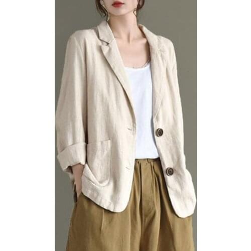 Women Cotton Linen Casual Blazer Jackets New 2021 Spring Simple Style Vintage Solid Color Loose Female Outerwear Coats S3616