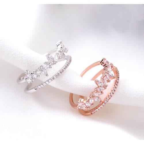 Micro Pave Zircon Double Layer Rings For Women Personality Rhinestone Open Ring Fashion Jewelry Adjustable Rose Gold-Color Bijou