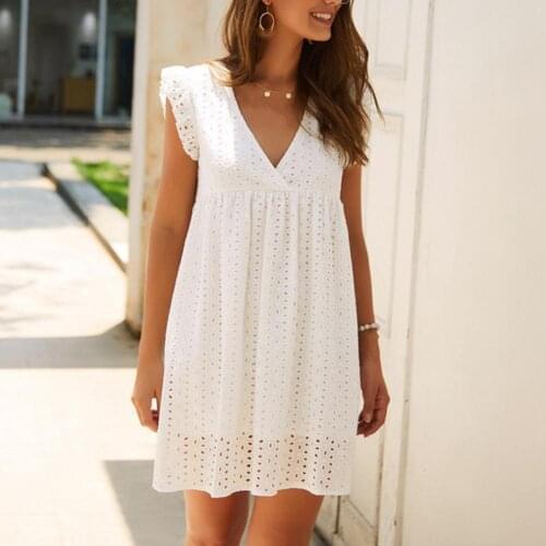 Women Dress Solid Color V Neck Flare Sleeve 2021 Summer Mini Dresses Casual Hollow-Out Lace Elegant Womens Dress Plus Size