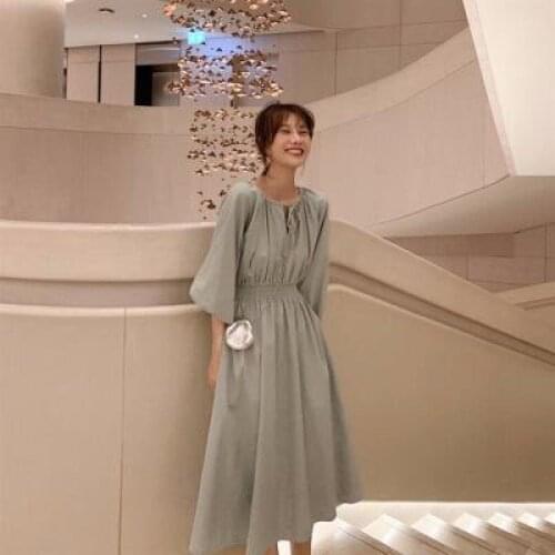 2021 Spring Autumn New Korean Waist Loose Thin Puff Sleeve Dress Simple Solid Wild Temperament Women Long Skirt Free Shipping