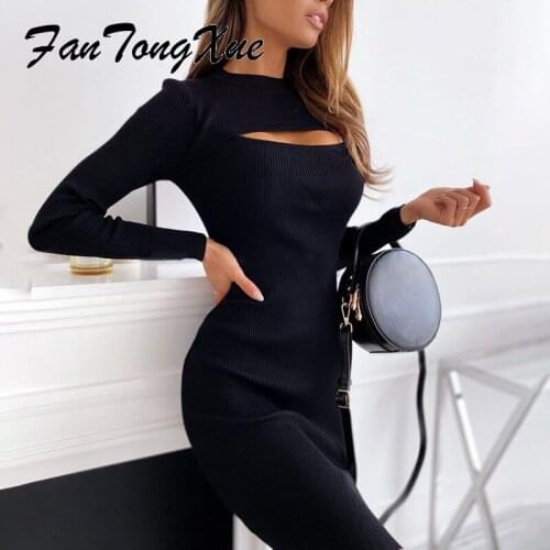 Spring/Autumn Vintage Dresses Women Solid Black Slit Office Lady Clothes Skinny Long Sleeve O-neck Mini Party Dress for Women