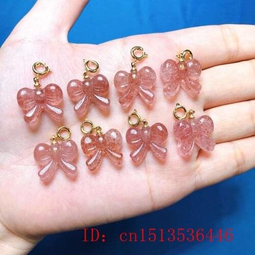 1pc New Natural Strawberry Crystal Bow Pendants DIY Hand knotting Design Bring Health Wealth Lucky Women Bracelet Gift Jewelry