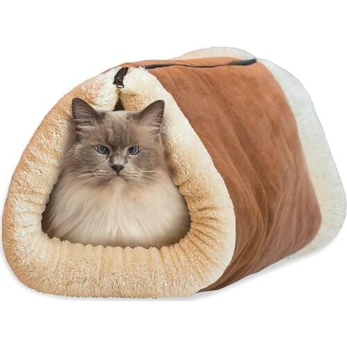 2-in-1 Self Heating Warm Cat Pet Bed Tunnel Portable Cotton Tube Cushion Mat Pad For Dog Kennel Crate House
