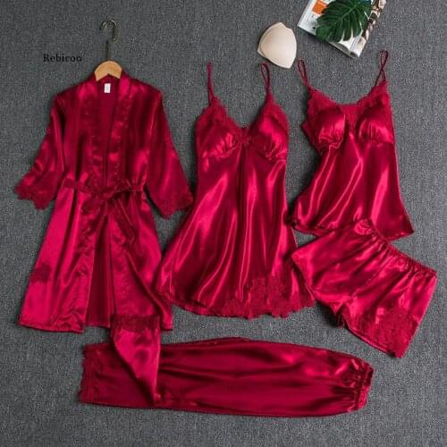 5Pcs Sleepwear Female Pajamas Set Satin Pyjamamas Sexy Lace Patchwork Bridal Wedding Nightwear Rayon Home Wear Nighty&robe Suit