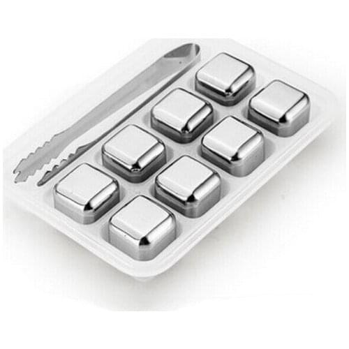 8 Pcs/Lot Cube Whiskey Stones 27mm 304 Stainless Steel With Clip Rock Wine Taste Beer Ice Stone Bar Christmas Gift Cooler PP Box