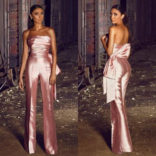 Elegant Prom Jumpsuits Strapless Big Bow Pink Evening Dresses Pant Suits Formal Party Gown Jumpsuit Celebrity Gowns