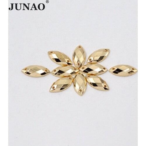 JUNAO 7*15mm Sewing Gold Rhinestone Applique Flat Back Golden Acrylic Gems Horse Eye Crystal Stone Sew On Strass for Clothes