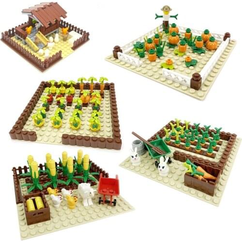 Creative City Farm Building Block Animals Set Pigpen Doghouse Henhouse Pig Dog Toys Countryside Farm Tools Vegetable Field Model