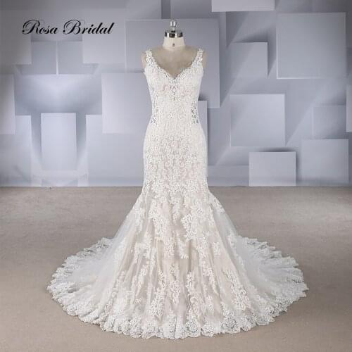 Rosabridal Trumpet Wedding Dresses Sleeveless V neck Lace applique Embroidery Open Back side waist nude Mermaid Bridal Gown