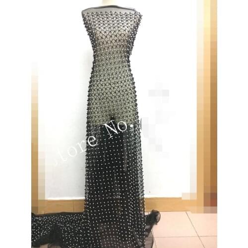 Fashion African French Lace Fabric with black and white beads High Quality African Tulle Lace Fabric For Wedding