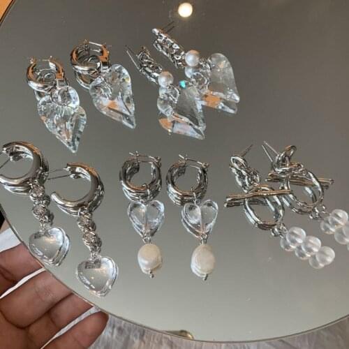 Fashion Zircon Pearl Exaggerated crystal Heart Irregular Splicing Chain Drop Earrings for Women girl Party Jewelery