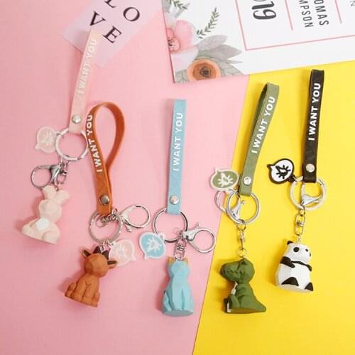 Cartoon 3D Cute Dinosaur Panda Rabbit Cat Doll Keychains Key Chain Metal Rings Waistband Women Car Bag Pendant Kids Toys D309