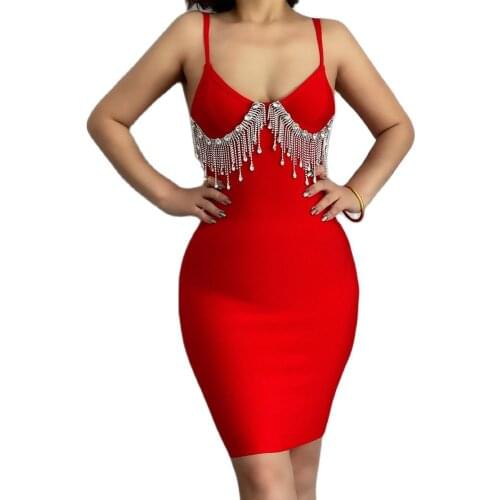 2021 New Summer Bodycon Beading Bandage Dress Women Spaghetti Strap Sexy Mini Dress Club Elegant Party Dresses