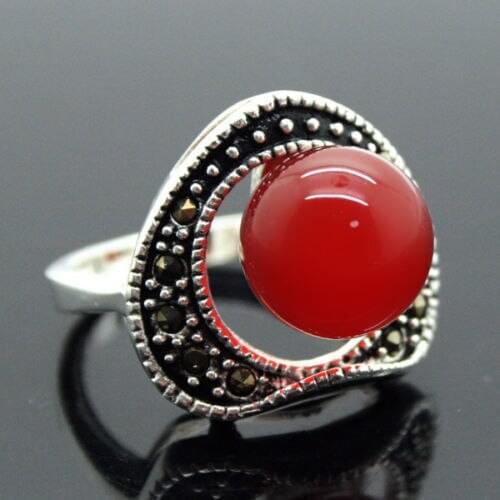 WHOLESALE PRETTY 6MM RED NATURAL JADE BEADS INLAY MARCASITE 925 STERLING SILVER RING 7/8/9/10 925