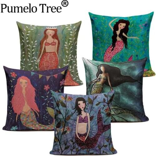 Customized Cotton Linen Mermaid Doll Cartoon Cushion Pillows 45Cmx45Cm Square Bench Printed Pillow Case