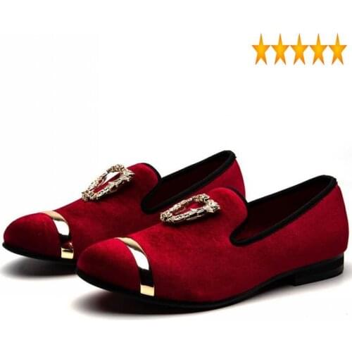 Casual Leather Pointed Toe Men Fashion Metal Decoration Slip-On Loafers Red Male Wedding Business Formal Shoes Plus Size