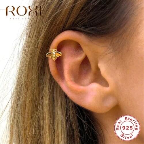 ROXI Cute Tiny Bee Ear Cuff Clip Earrings Without Piercing Korean Honey Bee Earcuff Non Pierced Real 925 Sterling Silver Jewelry