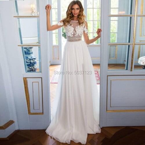 A Line Beach Wedding Dresses Chiffon Long Sleeves Open Back Beading Lace Appliques Bridal Wedding Gown Vestido De Noiva Custom