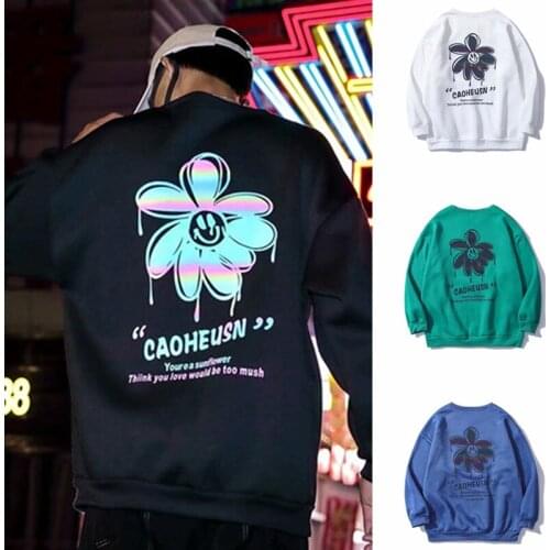 Spring and autumn sweater mens ins trend loose daisy reflective plus velvet couple jacket large size handsome round neck top