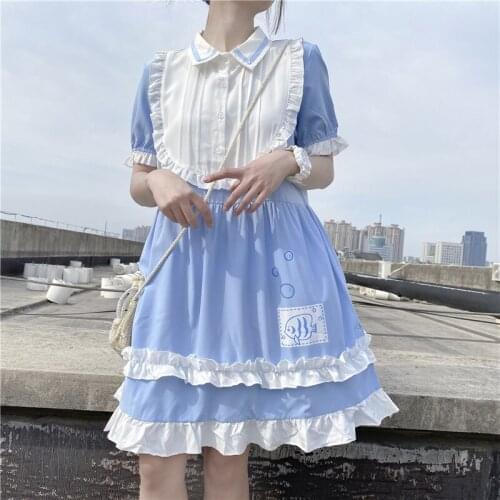 Japanese Cute Ruffle Dress Women Vestidos Summer Lolita Girl Sweet Lace Kawaii Doll Dresses Soft Girl Printed Blue Short Dress