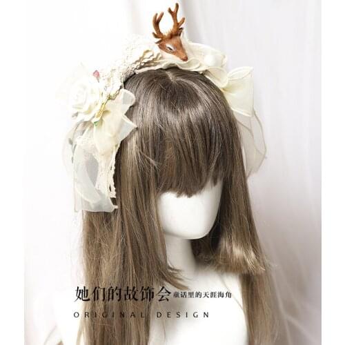 Mori Lolita Handmade Lace Bowknot Side Clip Hairpin Creamy White Rose Deer Green Leaf Pearl Tassel Bowknot Headdress