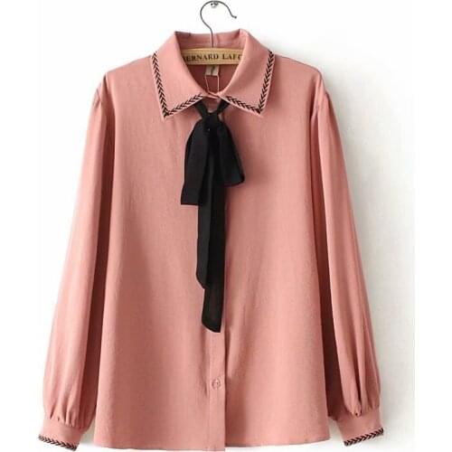 Plus size Embroidery long sleeve cotton women shirts NEW 2021 spring summer casual ladies bow neck loose blouse female