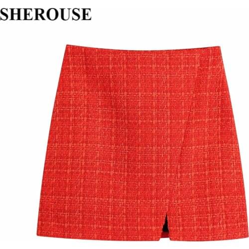 SHEROUSE Women Fashion Tweed Mini Skirt with Print Lining Elegant Front Slit High-waist Side Zip Chic Lady Woman Short skirts