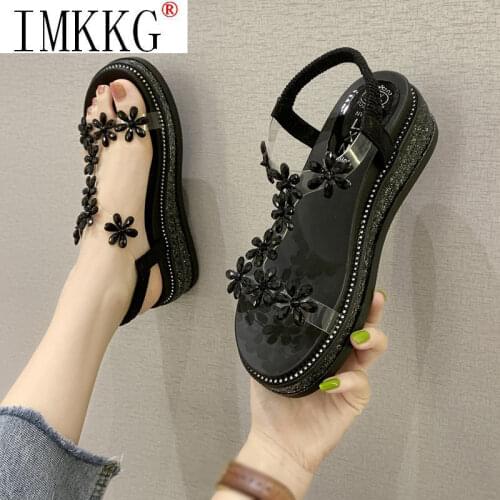2021 Summer Crystal Flowers Clear Platform Sandals for women Femme Creepers Elastic Band Sandalia lady wedge sandals