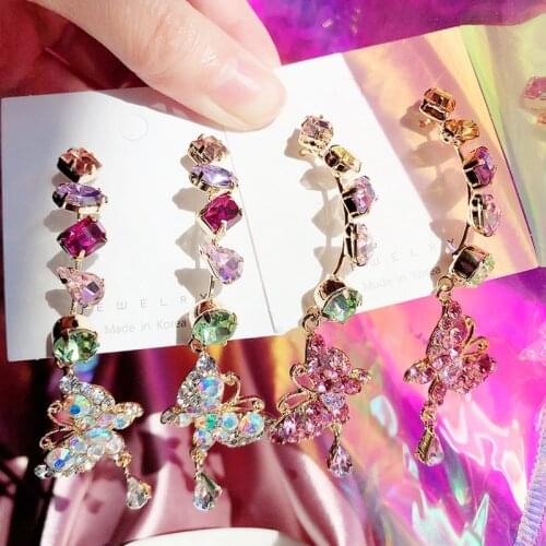MENGJIQIAO Korean Luxury Colorful Crystal Butterfly Long Drop Earrings For Women Girls Fashion Pendientes Holiday Party Jewelry