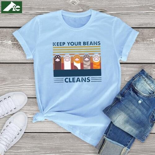 100 cotton Funny cat beans t shirt women clothing cat keep your beans cleans kawaii unisex clothes vintage shirts oversized tops