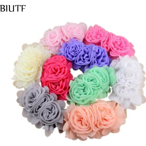 100pcs/lot 14cm*8.0cm DIY Chiffon Flower Three Rosette Flower Lined for girl Headband Summer Dress Decoration 22 Colors TH203