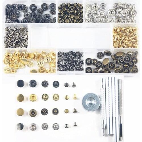 40set Metal Brass Snap Fastener Press Stud Buttons Poppers Leather Craft+120set 6MM Rivets for Leather+10pc Fixing Tools Kit+Box