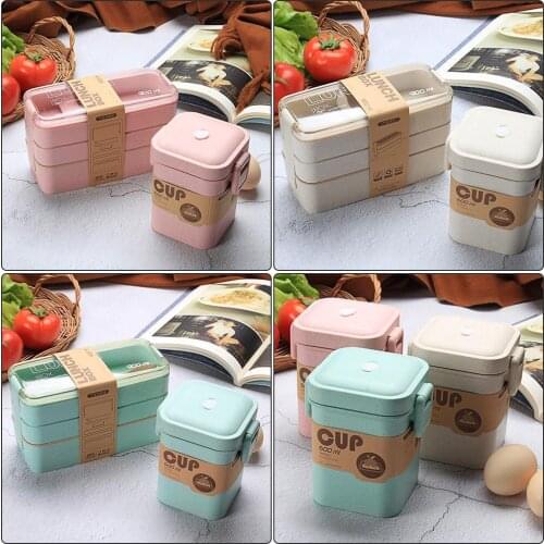 900ml Healthy Material Lunch Box 3-layer Wheat Straw Lunch Box Soup Can Microwave Tableware Food Storage Box Lunch Box