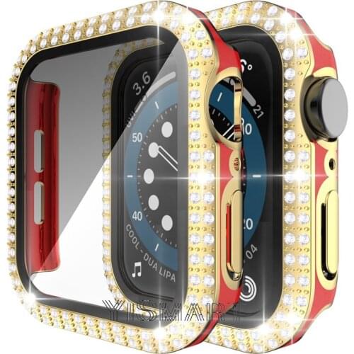 Diamond Case for Apple Watch Series 6 SE 5 4 PC Frame+Tempered Glass Full Screen Protector Cover Bumper for iWatch 40mm 44mm