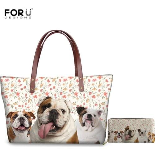 FORUDESIGNS Large Shoulder Bags Women Handbags Cute Bulldog Pattern 2pcs/set Top-handle Bags for Youth Girls Messenger Bag Bolsa