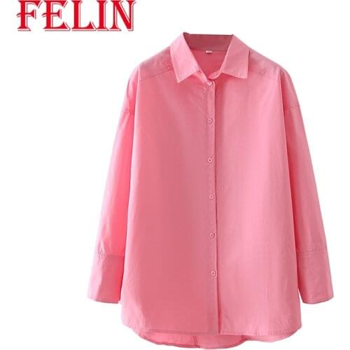 FELIN Women Pink Za Shirts Fashion Overszied Turn Down Collar Casual Blouses Long Sleeve Mujer Tops Streetwear Cool Long Shirts