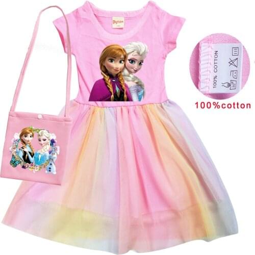 Disney Summer Frozen Girls Cotton T Shirt + Print bag Gauze Patchwork Dress Children Girl Home Party Casual Clothes Dresses
