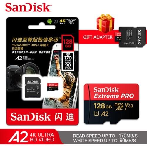 SanDisk 64GB 128GB Extreme microSDXC UHS-I CARD A2 U3/V30 Memory card 256GB Micro sd card Class10 TF/SD card for smartphone