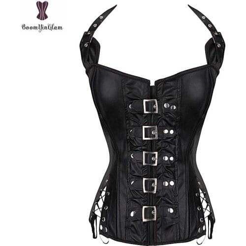 Corset gothic bustier top punk style halter neck overbust lingerie corselet with plastic bone steampunk plus size waist trainer
