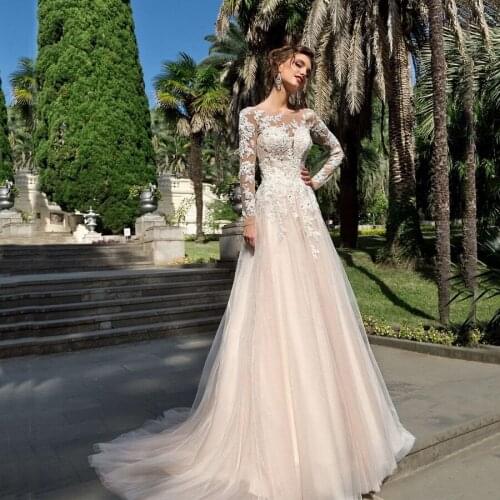 Scoop Neck Tulle Wedding Dresses Long Sleeve Applique Lace With Crystal Sweep Train A-line Bride Dress vestido de noiva