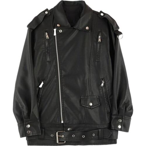 New Spring Autumn Womens Leather Coats Loose Large Size Female PU Leather Jackets Moto & Bike Lady Outerwear Femme Mujer Belt