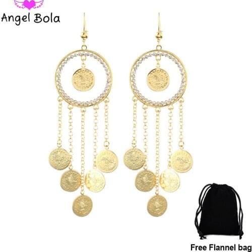 Hot Selling Metal Round Long Women Charm Pendant Earrings Luxury Jewelry Exaggerated Coin Tassel Earrings Wedding Party Festival