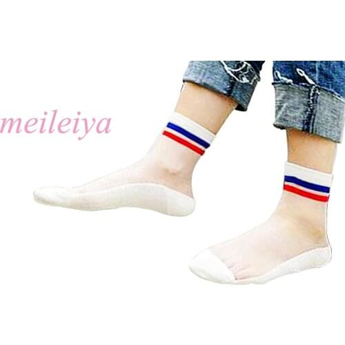MEILEIYA 10 Pairs/Bag New Style Stripes Middle Tube Socks Summer Slim Transparent Crystal Silk Women Socks Crystal Glass Socks