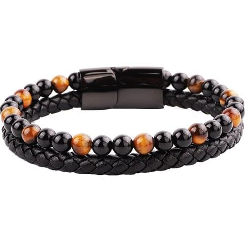 Men Bracelet Stainless Steel Genuine Leather Natural Stone Cuff Bracelet Men Women