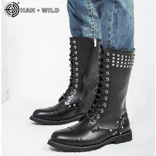 2020 New Men Mid-calf Motorcycle Boots Male Rivet Leather Martin Boots Punk Style Mens Tactical Army Boots Military Combat Shoe