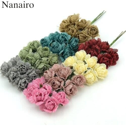 New 60pcs 4cm silk Rose Artificial Flowers Bouquet Burlap Hessian Flower For Wedding Decoration Scrapbooking Craft DIY wreaths